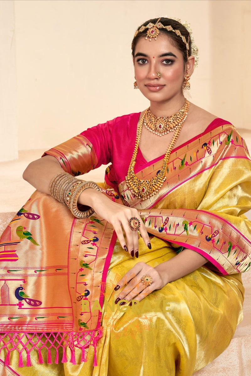 Regal Golden Yellow Paithani Tissue Silk Saree with Tassels