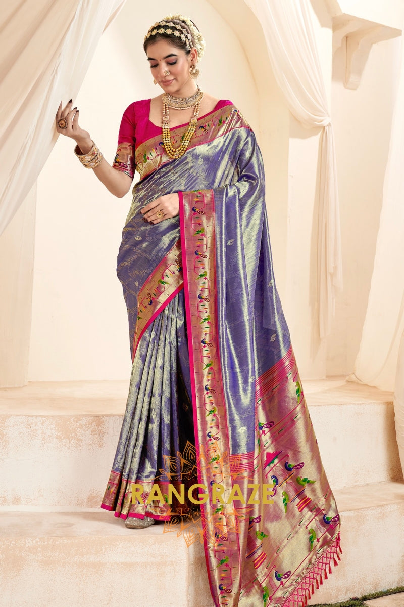 Regal Light Purple Paithani Tissue Silk Saree with Tassels