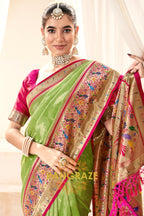 Lime Green Paithani Tissue Silk Saree with Zari Border
