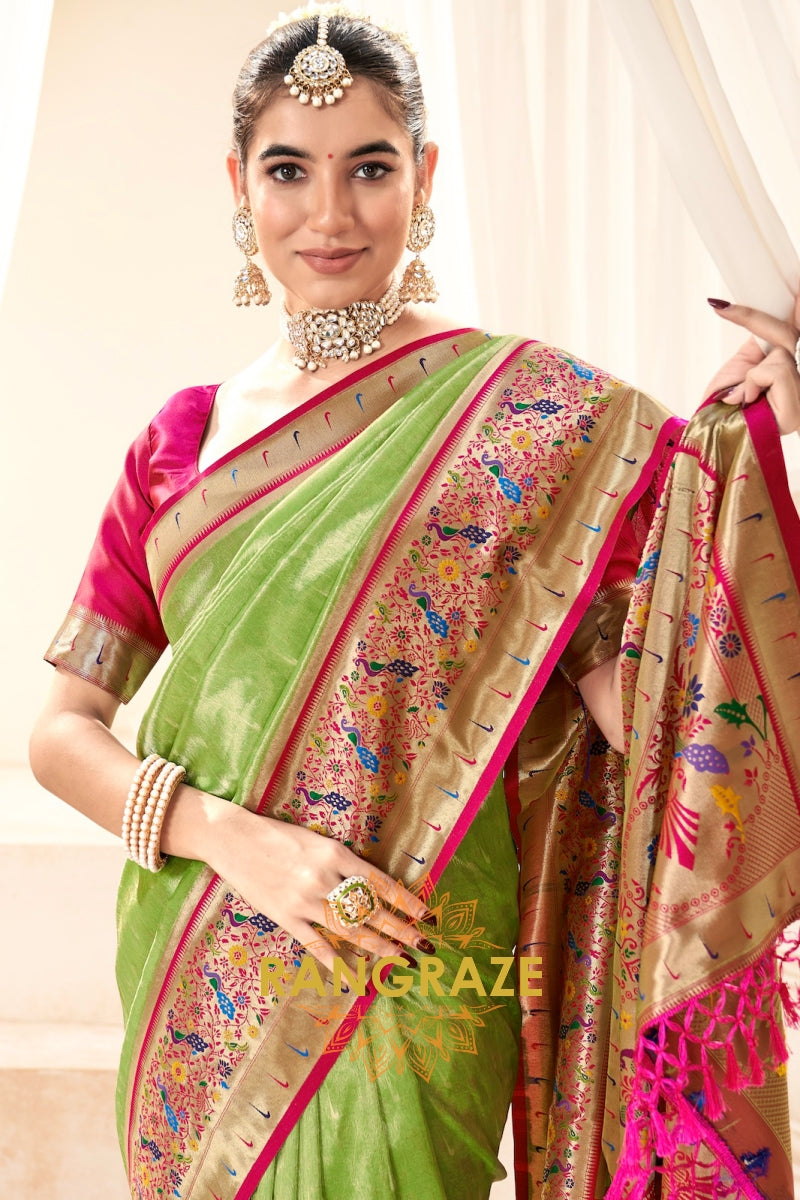 Lime Green Paithani Tissue Silk Saree with Zari Border