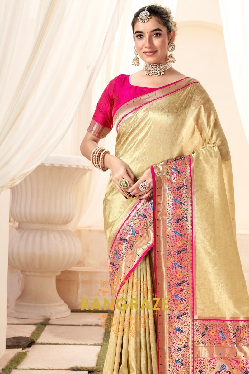 Golden Beige Paithani Tissue Silk Saree with Zari Boarder