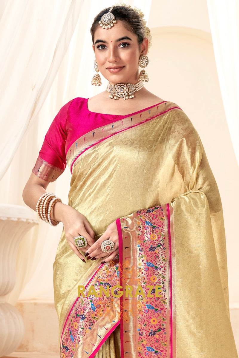 Golden Beige Paithani Tissue Silk Saree with Zari Boarder