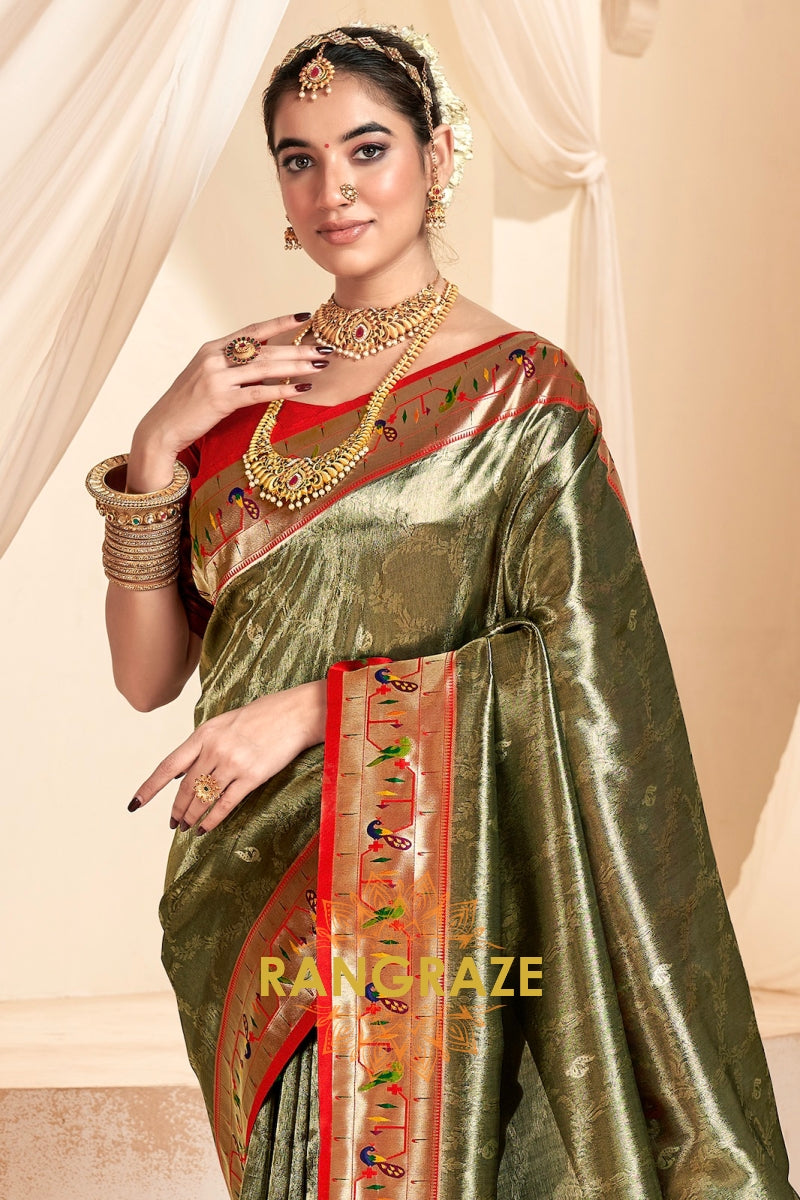 Regal Olive Green Paithani Tissue Silk Saree with Tassels