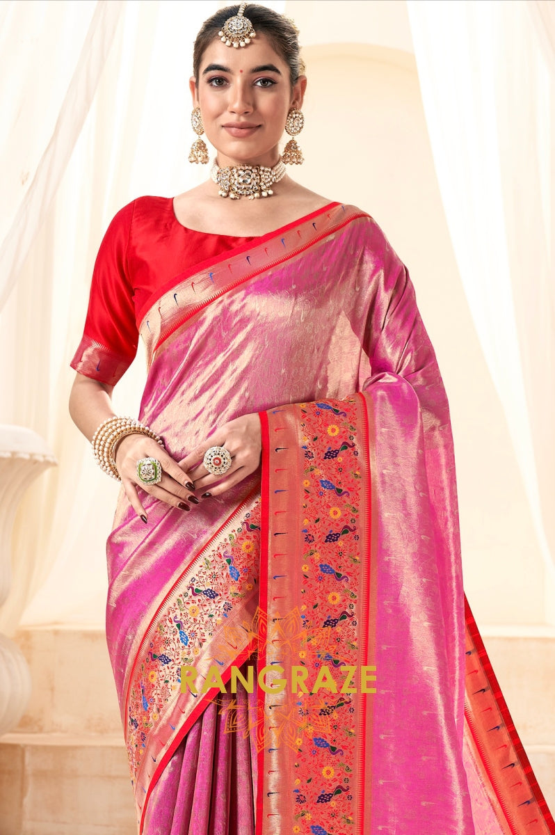 Bright Pink Paithani Tissue Silk Saree with Zari Border