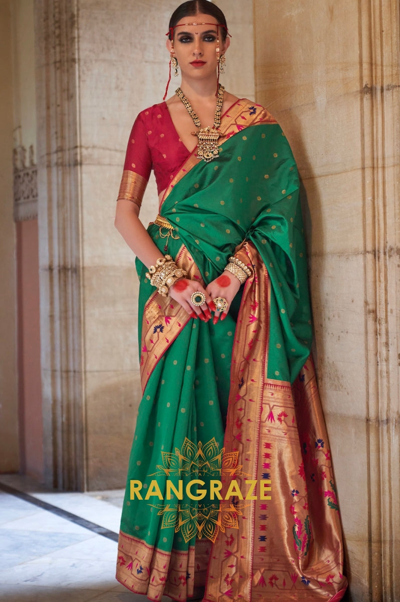 Jade Green and Maroon Paithani Silk Saree