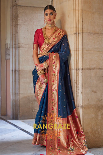 Navy Blue and Maroon Paithani Silk Saree