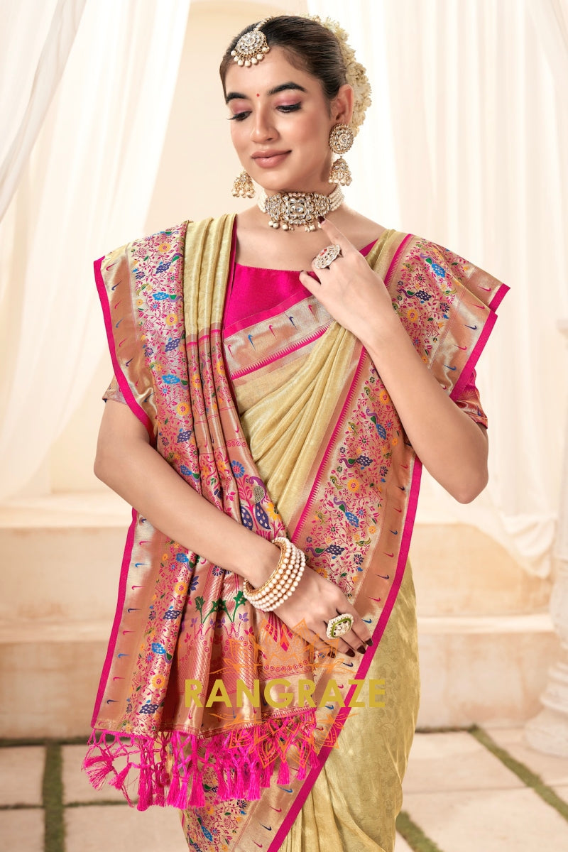 Golden Beige Paithani Tissue Silk Saree with Zari Boarder