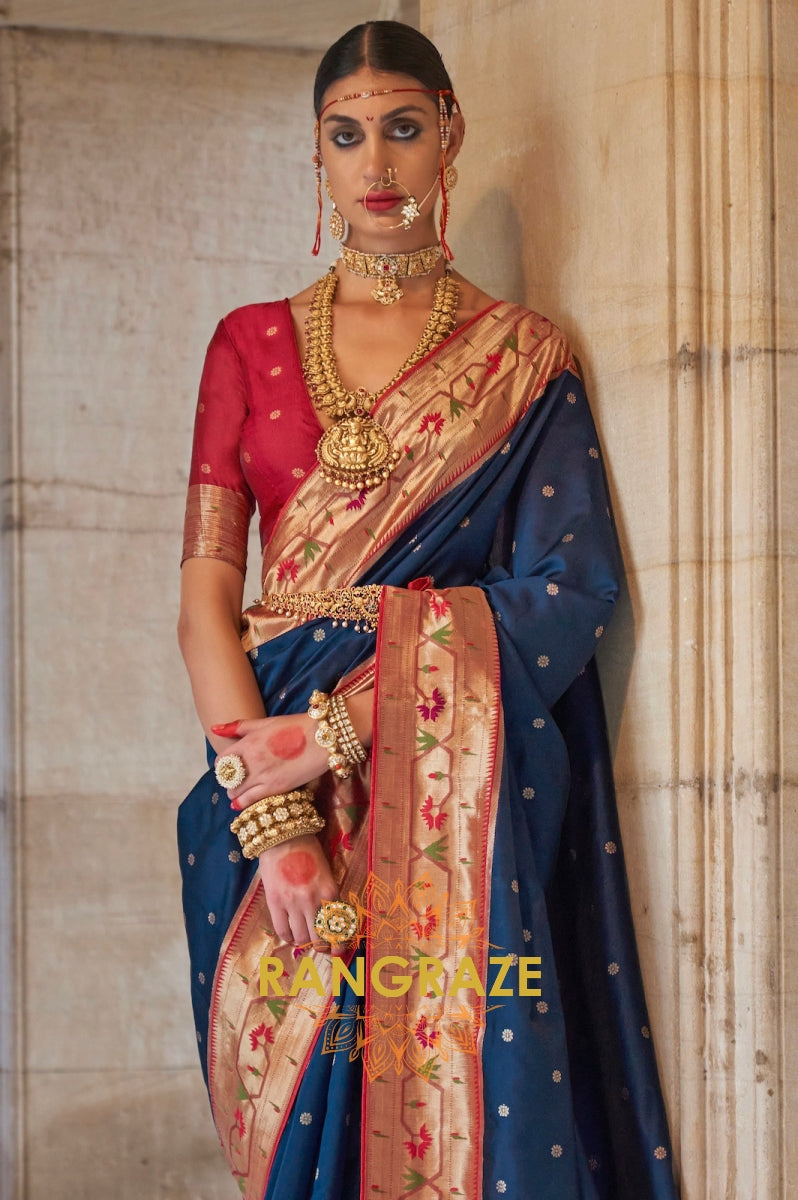 Navy Blue and Maroon Paithani Silk Saree