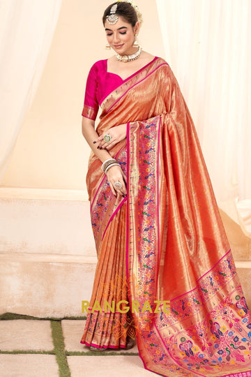 Coral Orange Paithani Tissue Silk Saree with Zari Boarder