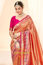 Coral Orange Paithani Tissue Silk Saree with Zari Boarder