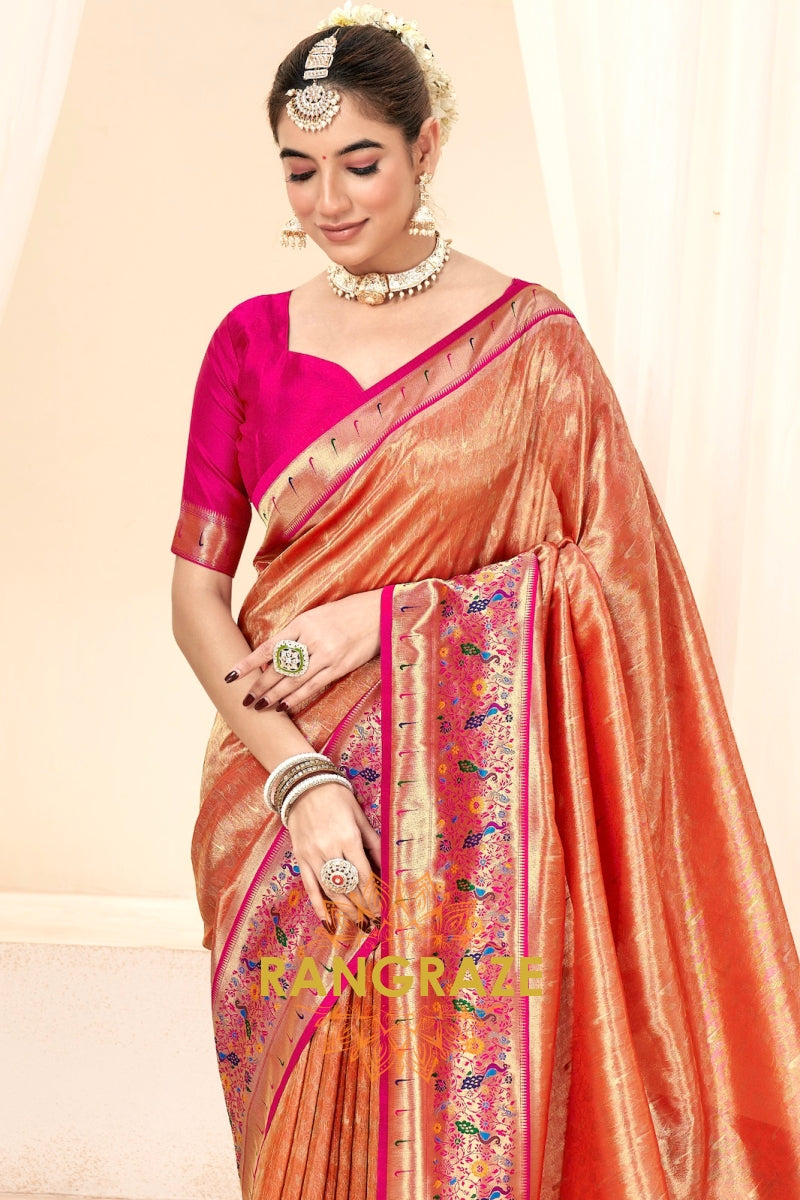Coral Orange Paithani Tissue Silk Saree with Zari Boarder