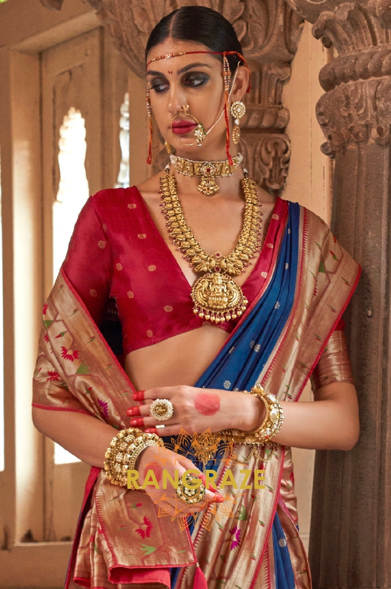 Navy Blue and Maroon Paithani Silk Saree
