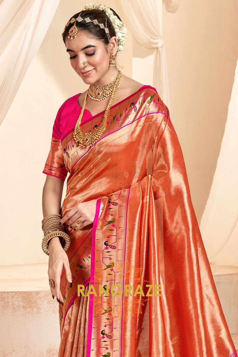 Regal Orange Paithani Tissue Silk Saree with Tassels