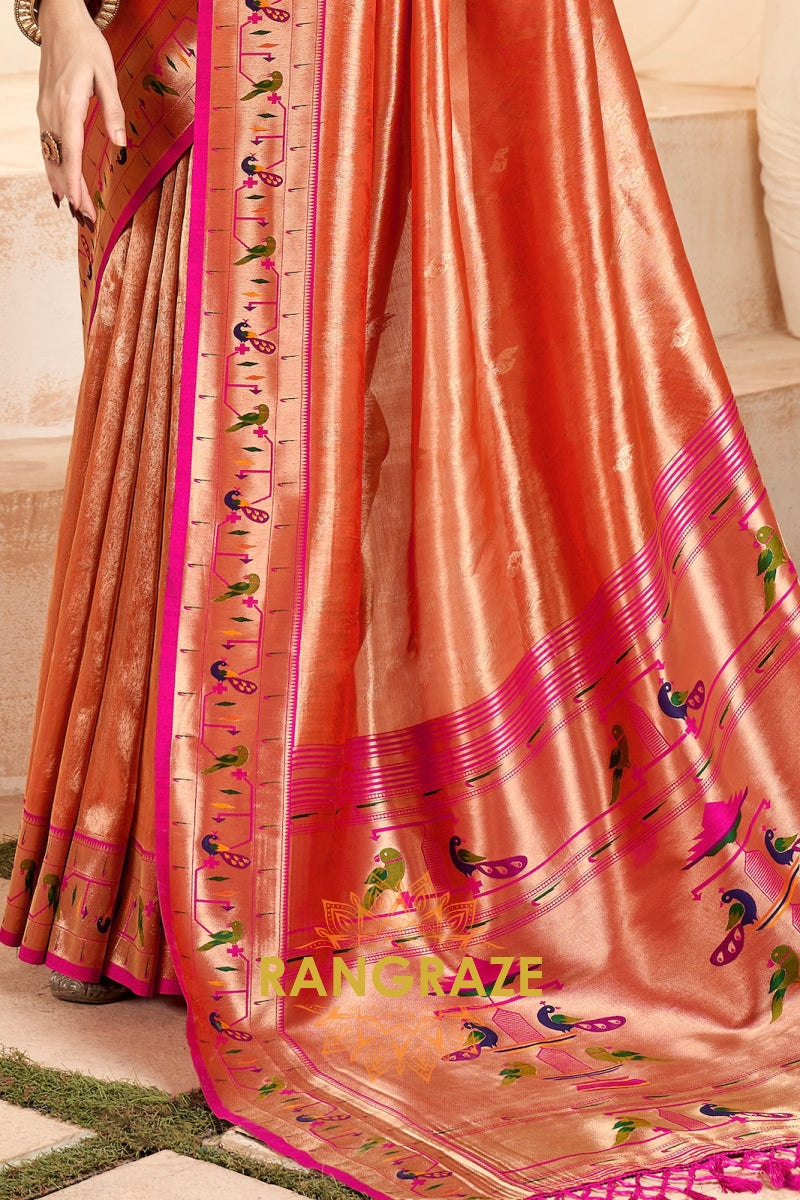 Regal Orange Paithani Tissue Silk Saree with Tassels