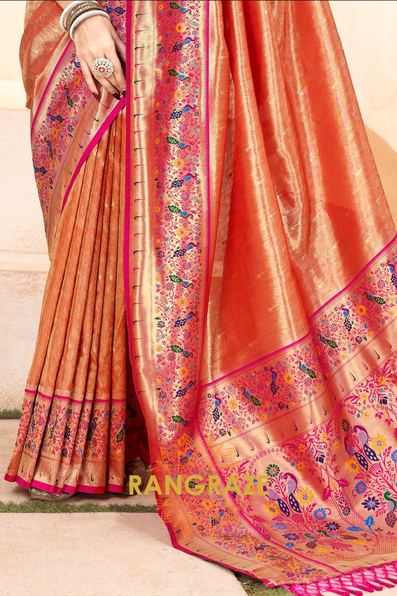 Coral Orange Paithani Tissue Silk Saree with Zari Boarder