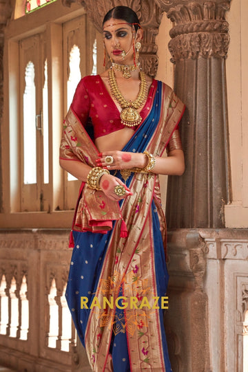 Navy Blue and Maroon Paithani Silk Saree