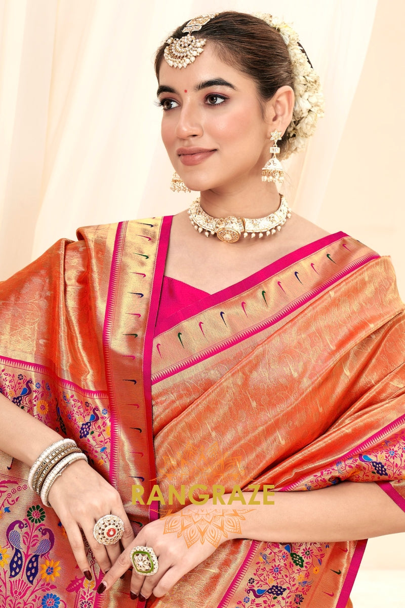 Coral Orange Paithani Tissue Silk Saree with Zari Boarder