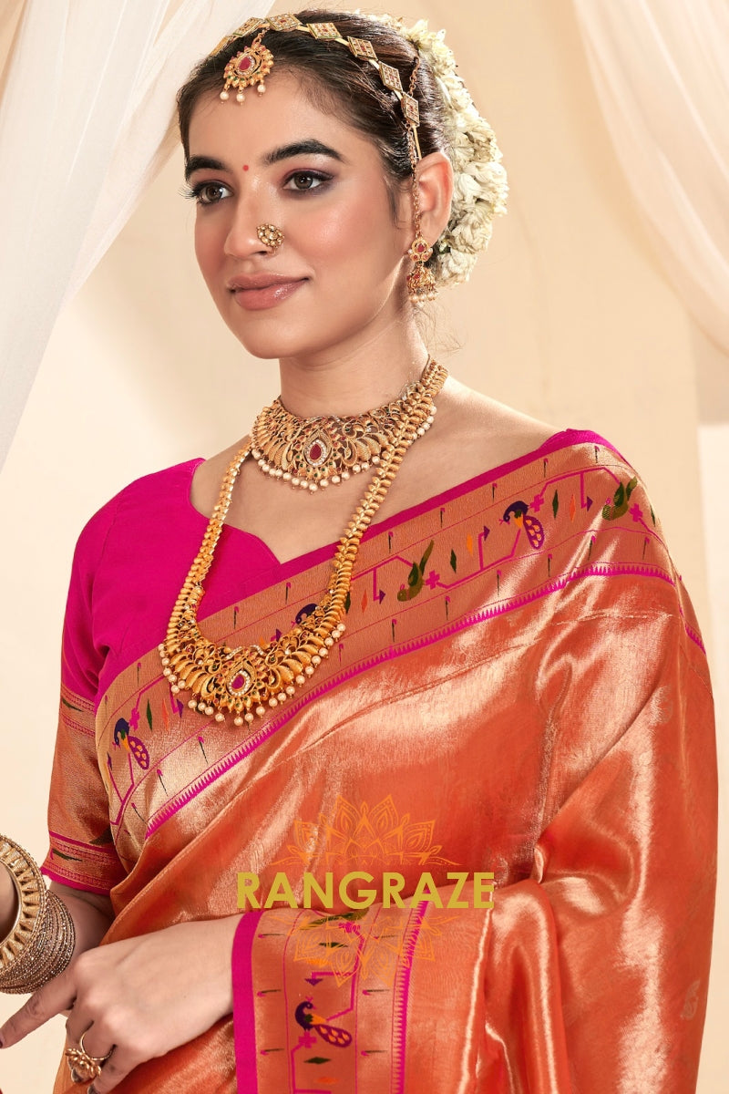 Regal Orange Paithani Tissue Silk Saree with Tassels