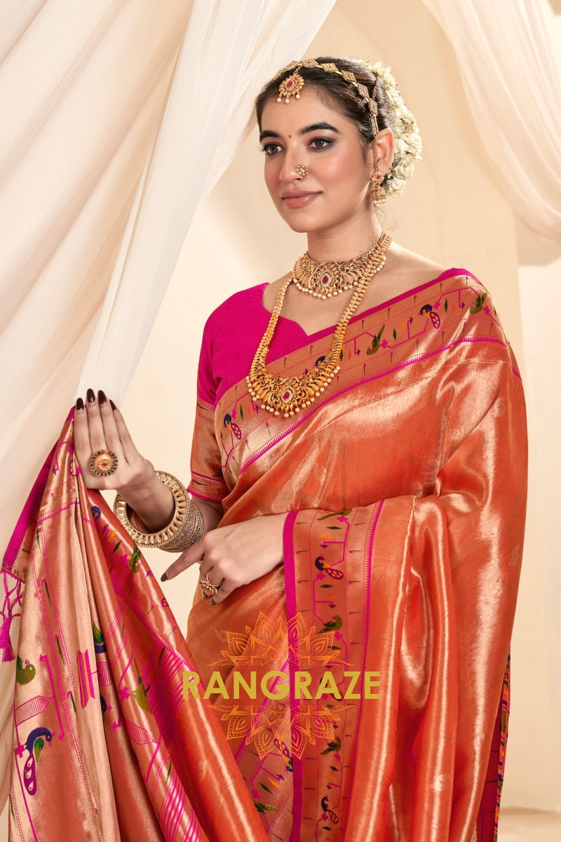 Regal Orange Paithani Tissue Silk Saree with Tassels
