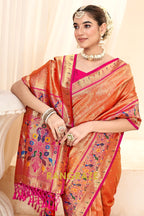 Coral Orange Paithani Tissue Silk Saree with Zari Boarder