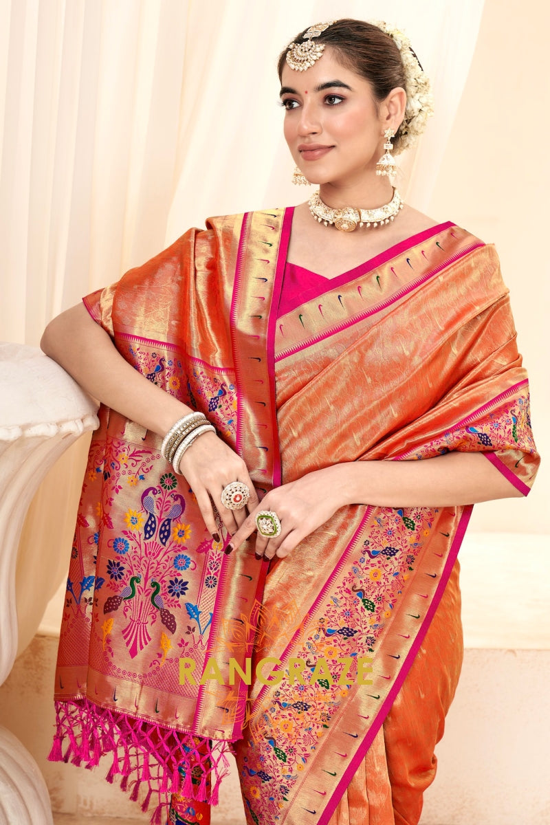 Coral Orange Paithani Tissue Silk Saree with Zari Boarder