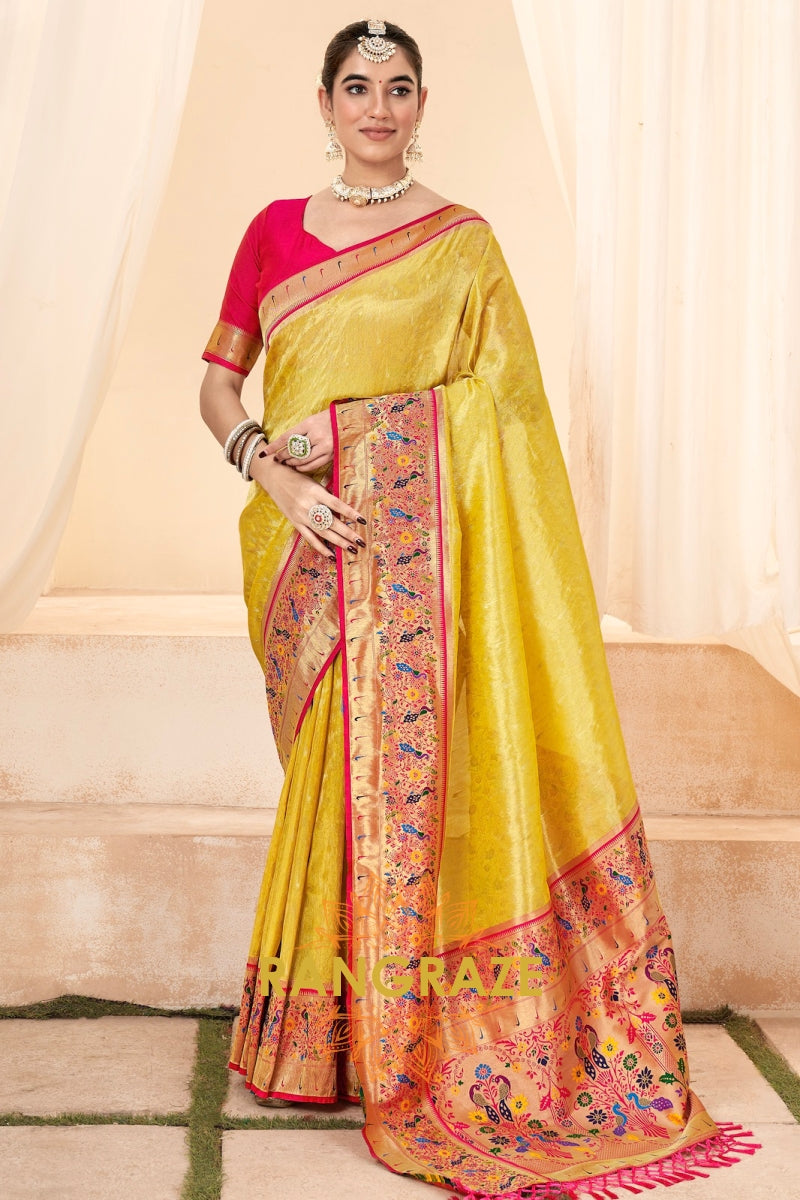 Sunshine Yellow Paithani Tissue Silk Saree with Zari Boarder