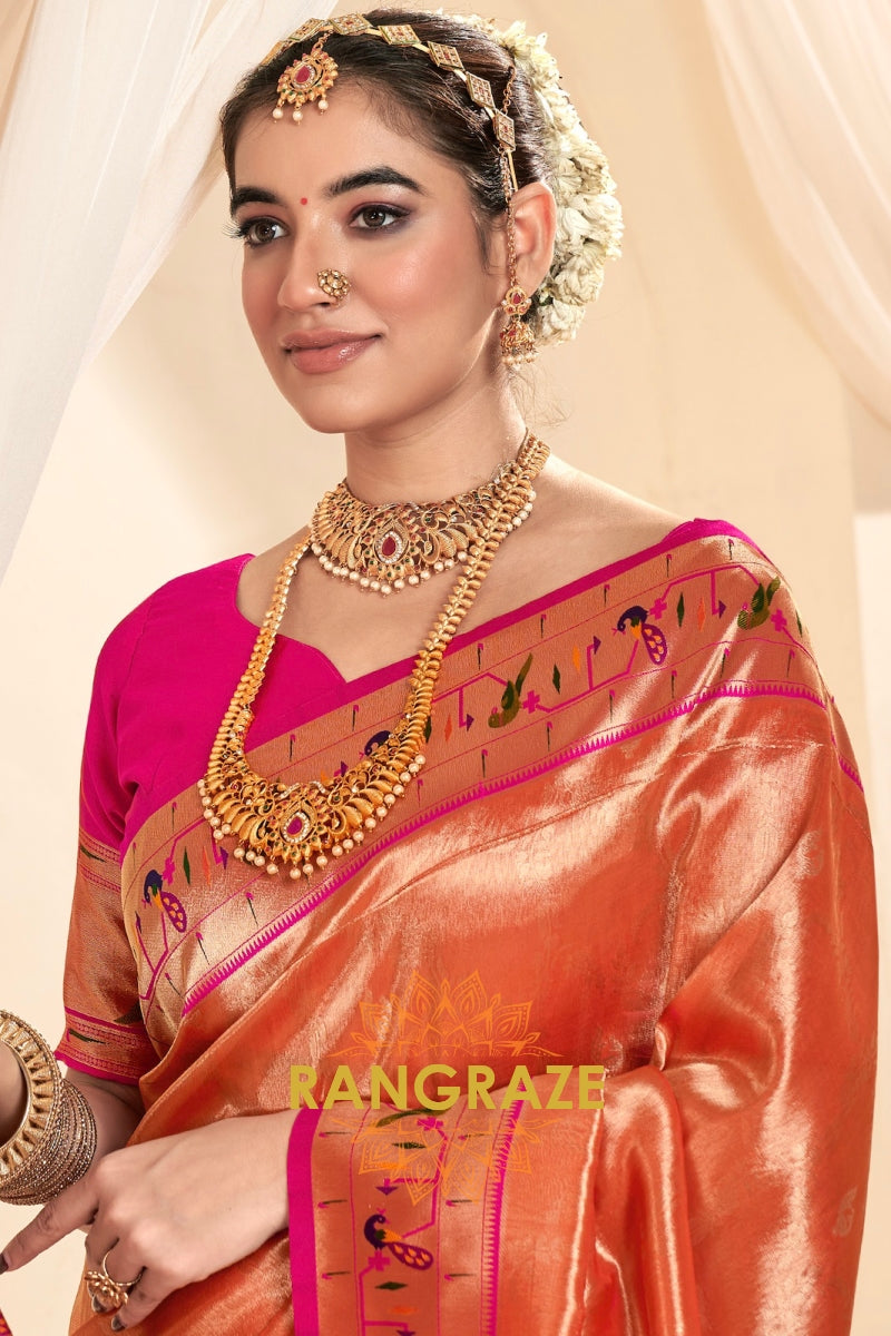 Regal Orange Paithani Tissue Silk Saree with Tassels