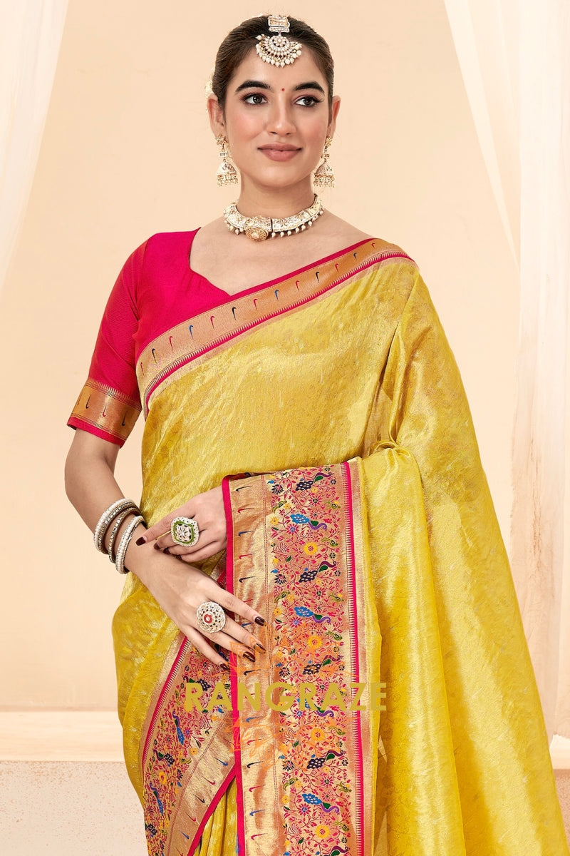Sunshine Yellow Paithani Tissue Silk Saree with Zari Boarder