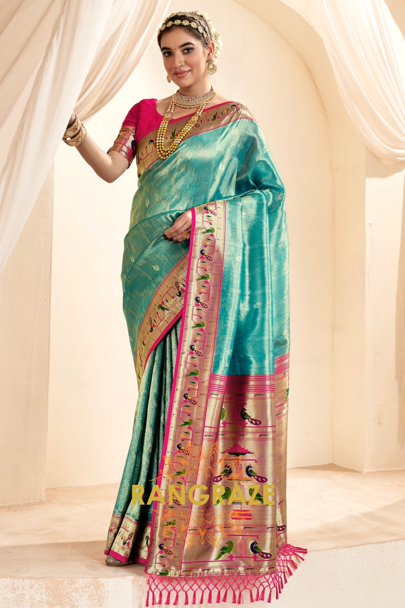 Regal Aqua Blue Paithani Tissue Silk Saree with Tassels