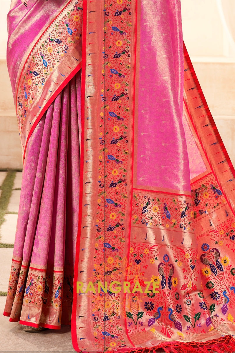 Bright Pink Paithani Tissue Silk Saree with Zari Border