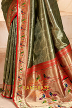 Regal Olive Green Paithani Tissue Silk Saree with Tassels