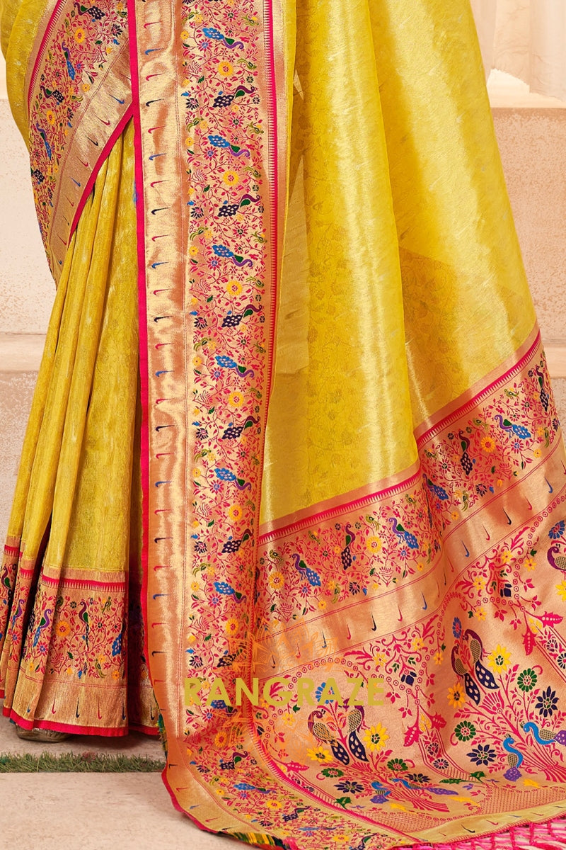 Sunshine Yellow Paithani Tissue Silk Saree with Zari Boarder