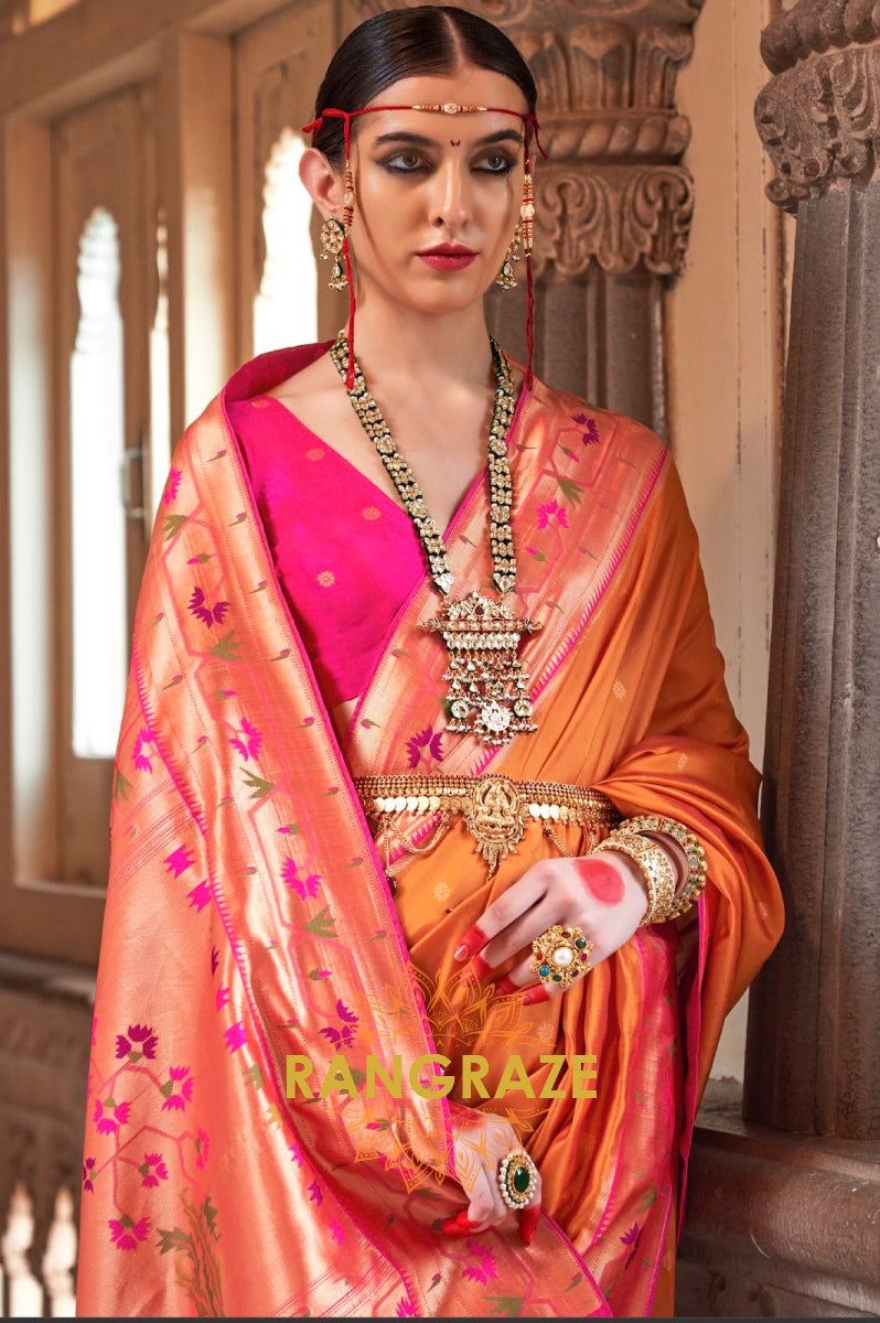 Sunset Orange and Pink Paithani Silk Saree