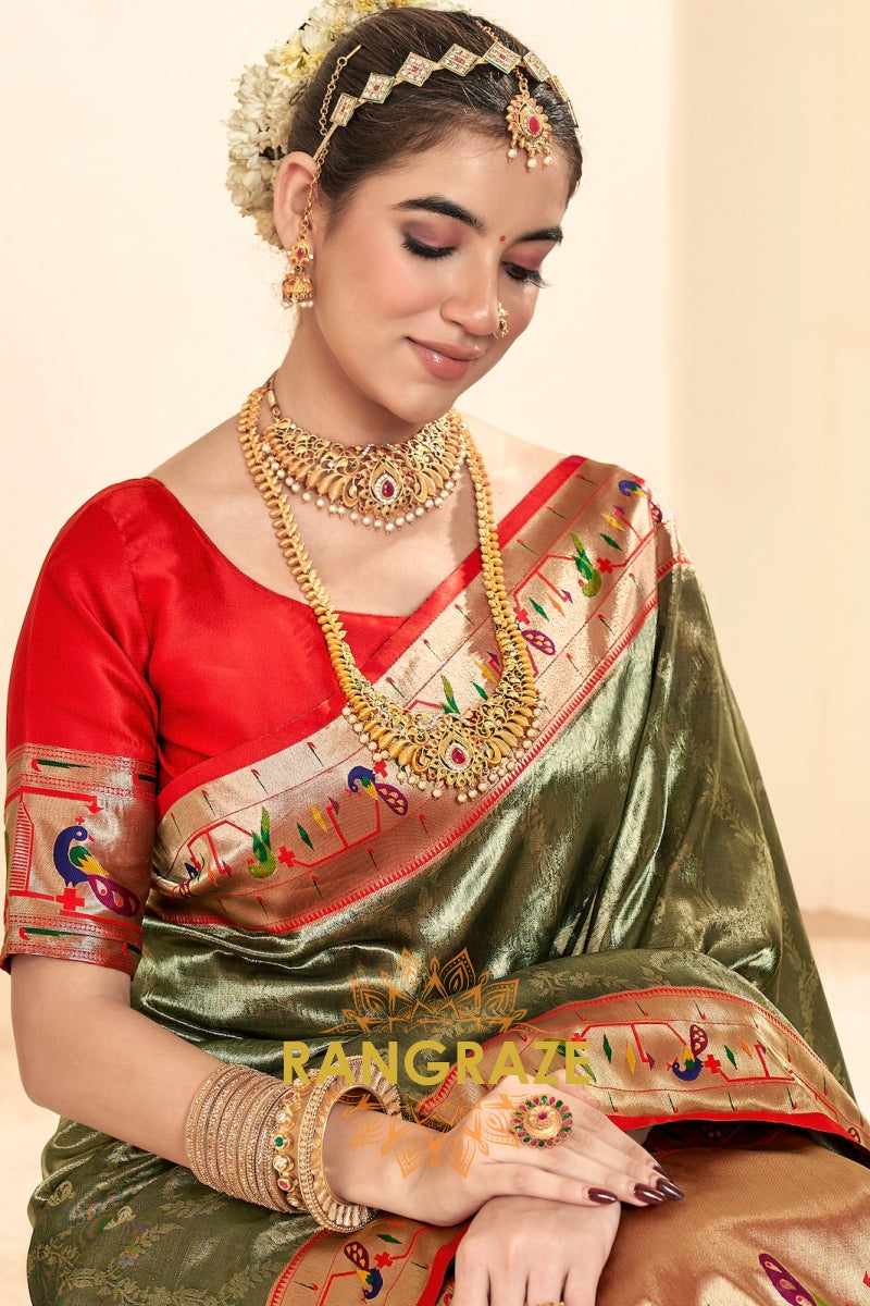 Regal Olive Green Paithani Tissue Silk Saree with Tassels