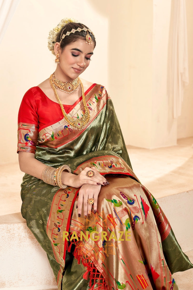 Regal Olive Green Paithani Tissue Silk Saree with Tassels