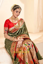 Regal Olive Green Paithani Tissue Silk Saree with Tassels