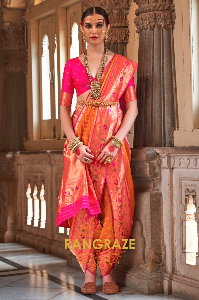 Sunset Orange and Pink Paithani Silk Saree