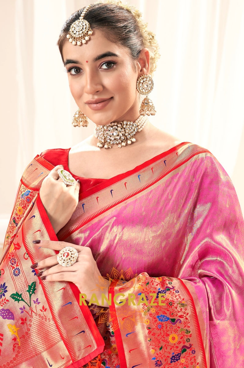 Bright Pink Paithani Tissue Silk Saree with Zari Border