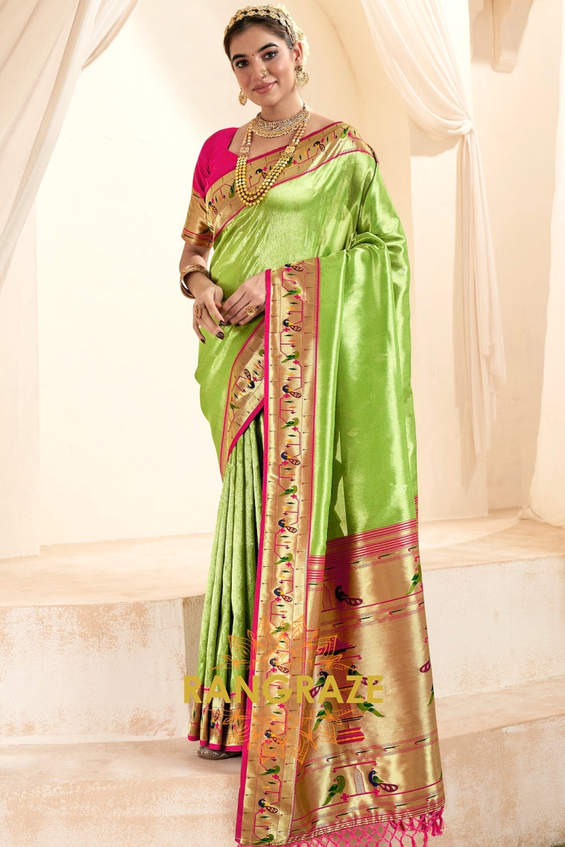 Regal Parrot Green Paithani Tissue Silk Saree with Tassels