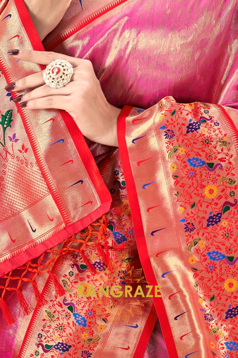 Bright Pink Paithani Tissue Silk Saree with Zari Border