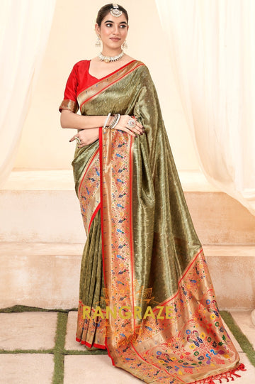 Classy Olive Green Paithani Tissue Silk Saree with Zari Boarder