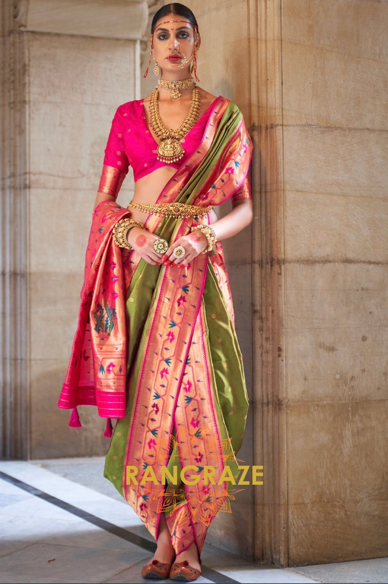 Olive Green and Pink Paithani Silk Saree