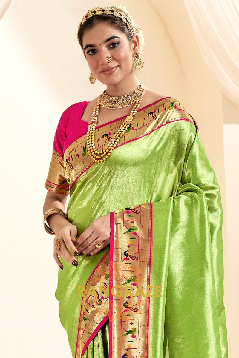 Regal Parrot Green Paithani Tissue Silk Saree with Tassels