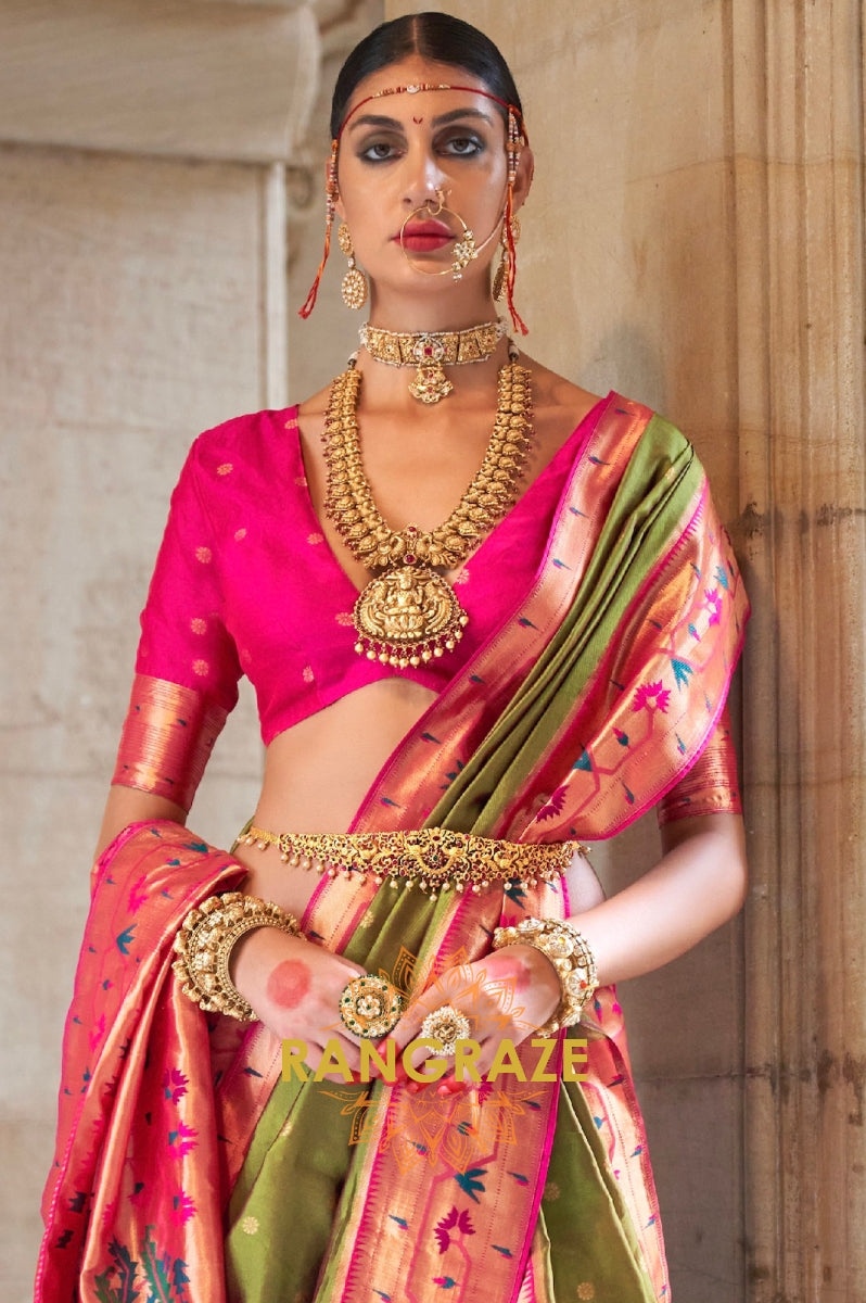 Olive Green and Pink Paithani Silk Saree