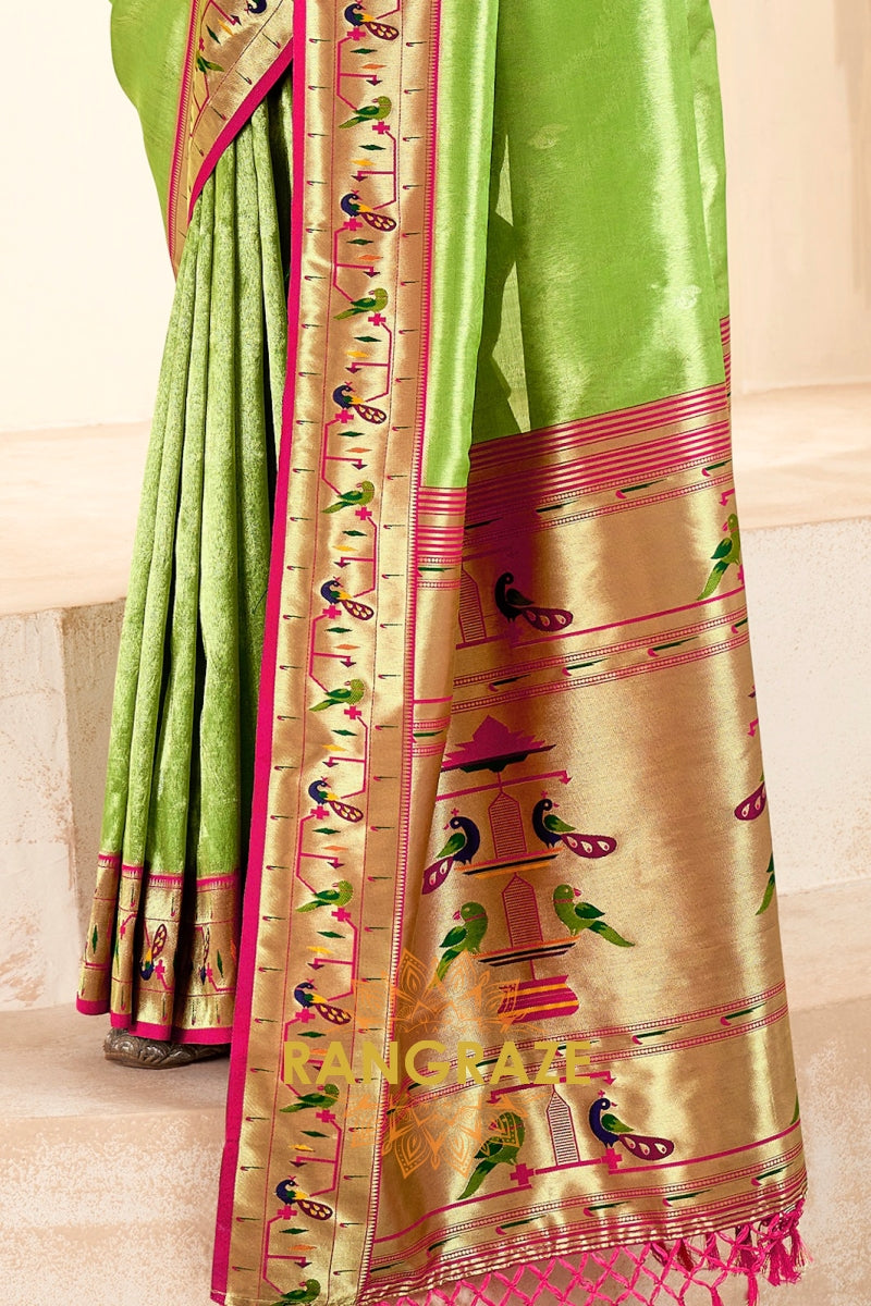 Regal Parrot Green Paithani Tissue Silk Saree with Tassels