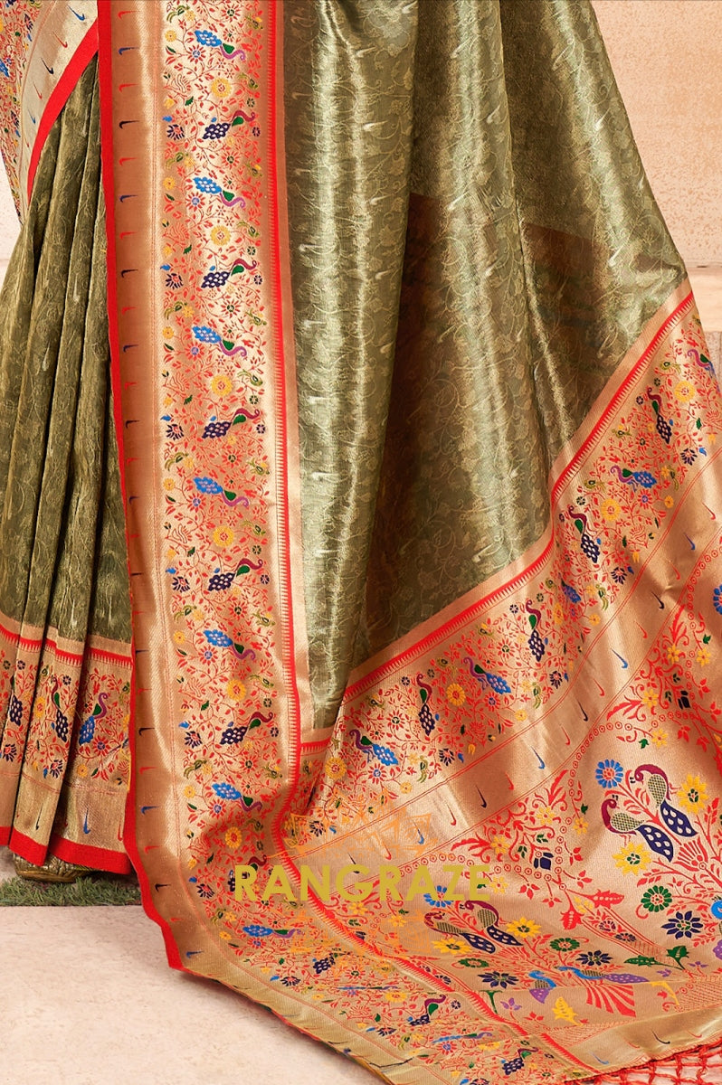 Classy Olive Green Paithani Tissue Silk Saree with Zari Boarder