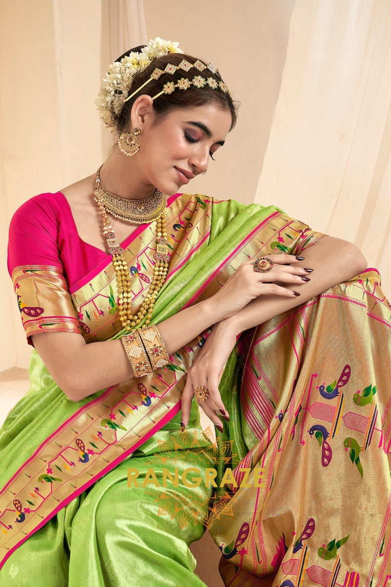 Regal Parrot Green Paithani Tissue Silk Saree with Tassels