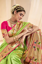 Regal Parrot Green Paithani Tissue Silk Saree with Tassels