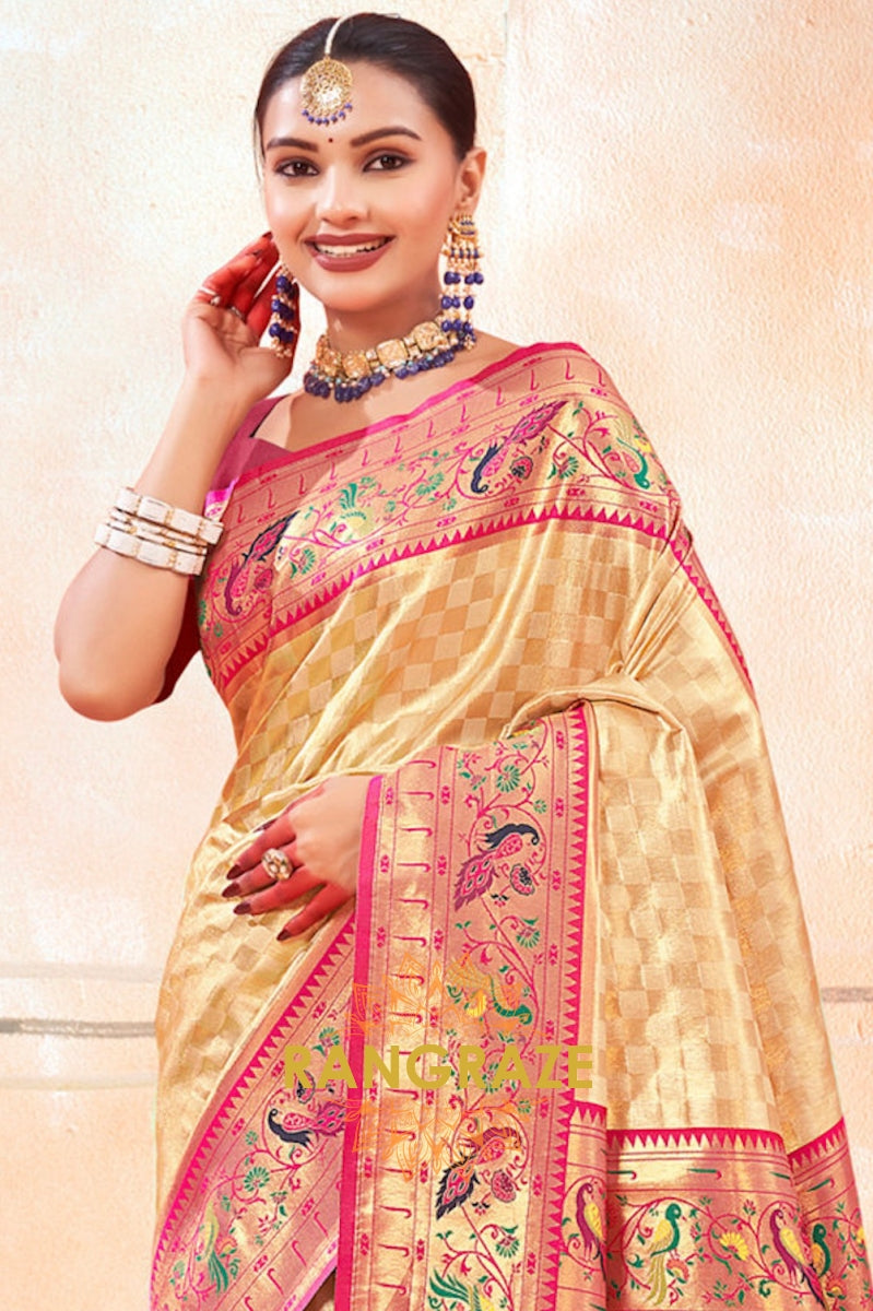 Ivory Cream Regal Classic Heavy Golden Work Paithani Silk Saree