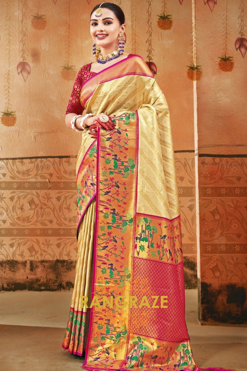 Beige Heavy Golden Work Paithani Silk Saree